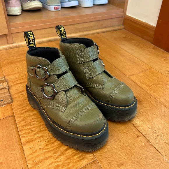 Dr. Marten’s Devon Flower Buckle Leather Platform Boots in Khaki Green - Picture 3 of 3